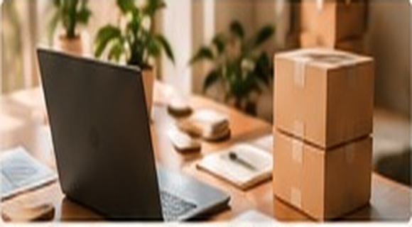 Workspace with laptop and shipping boxes